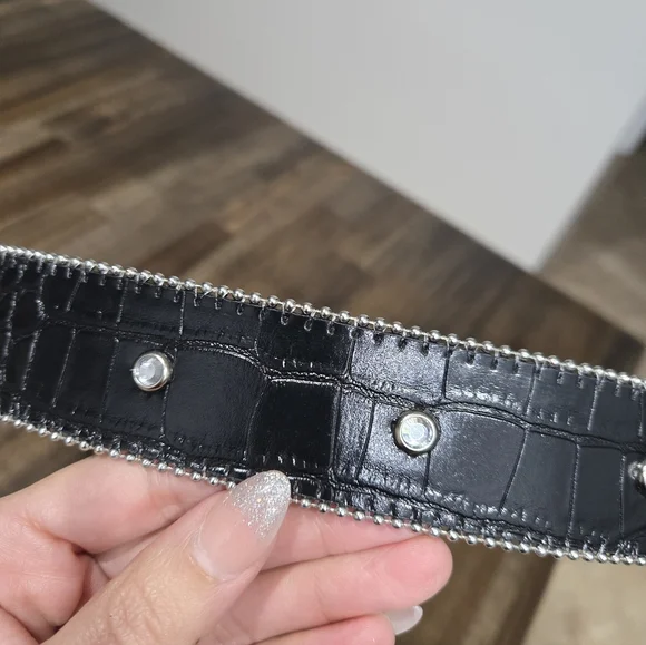 NWT True Religion Black Moc Croc Rhinestone Horseshoe Belt
